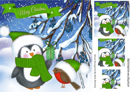 Cute penguin with robin in green santa hats 8x8 with pyramids