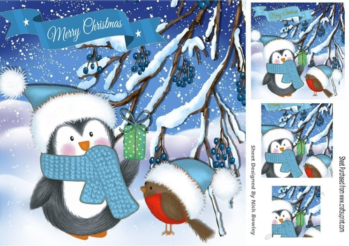 Cute penguin with robin in blue santa hats 8x8 with pyramids