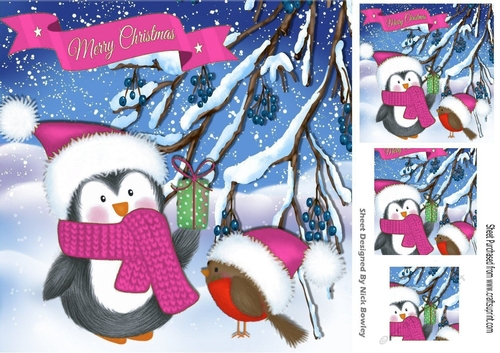 Cute penguin with robin in pink santa hats 8x8 with pyramids