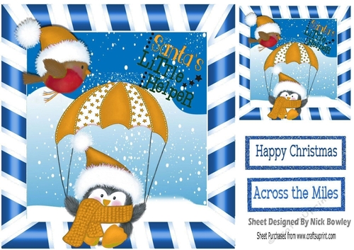 Santas little Helper in gold santa hat with robin 8x8