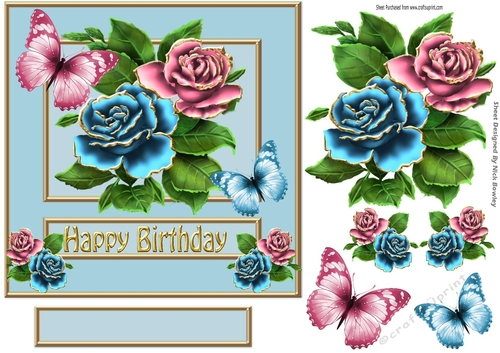 Pretty gold edge roses in pink/blue with butterflies 7x7
