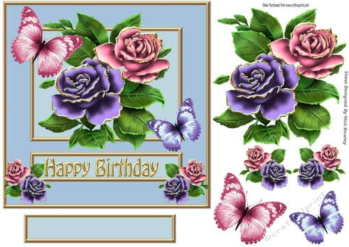 Pretty gold edge roses in pink/purple with butterflies 7x7