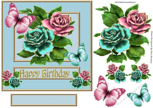 Pretty gold edge roses in pink/turq with butterflies 7x7