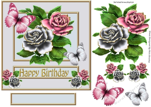 Pretty gold edge roses in pink/silver with butterflies 7x7