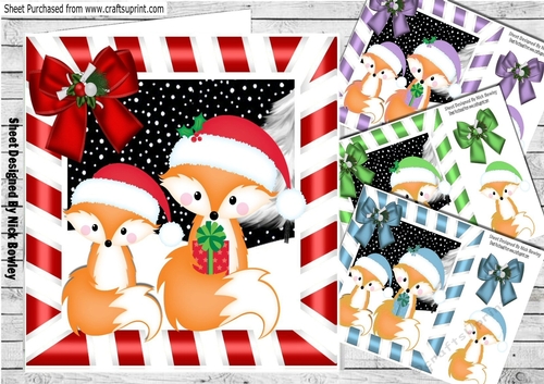  4 Cute pair of foxes in santa hats card fronts in stripe frames 8x8
