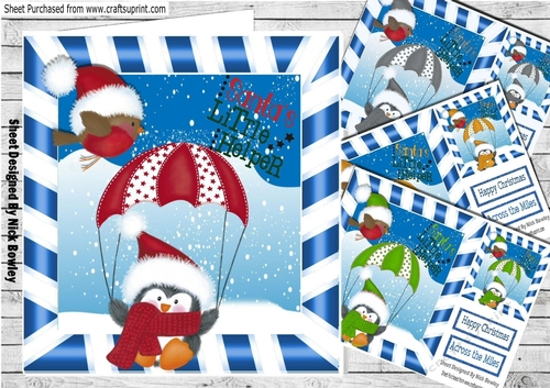  4 Lovely Santa little Helpers penguins in santa hats with robins 8x8 mini kit