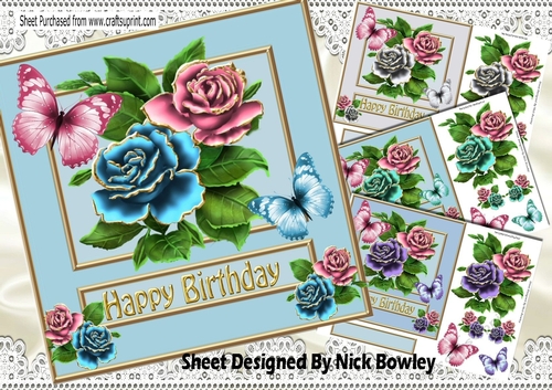  4 Pretty gold edge roses card fronts  with butterflies 7x7 mini kit