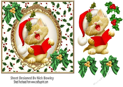 Cute kitten carol singing in holly frame 7x7