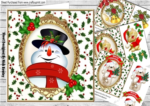  4 Lovely Christmas Card fronts in Holly and oval ornate frames,7x7 mini kit