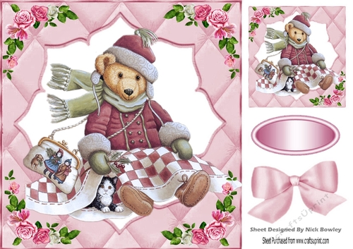 cute christmas teddy with pink roses quilted card front in 8x8 frame