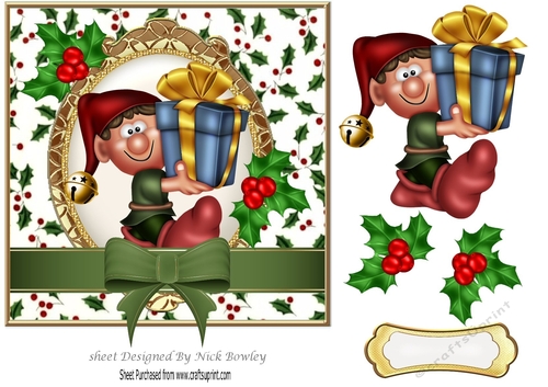 Santas Elf the helper in holly frame 7x7