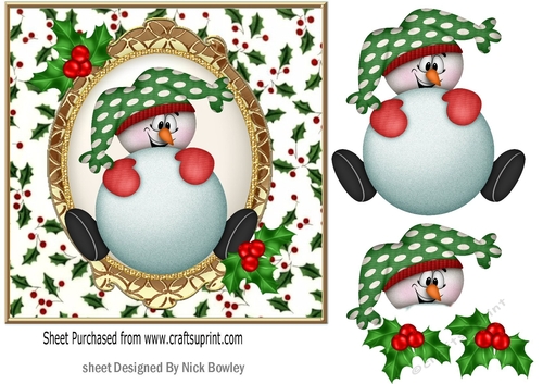 snow ball fight with elf in holly frame 7x7
