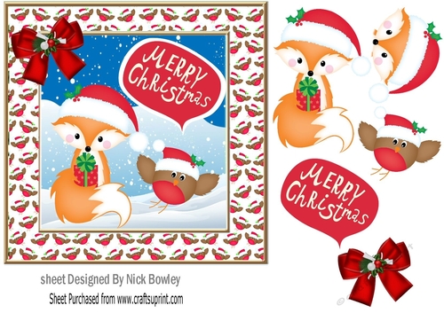Cute foxy and robin in santa hats with bow 7x7