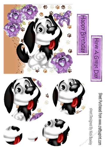 Cute puppy with purple  flowers circle pyramids