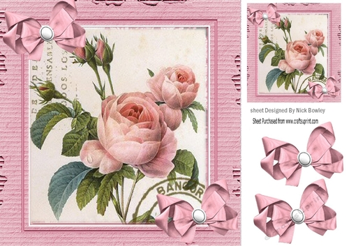Pretty vintage pink rose with bows in cardboard effect 8x8 frame