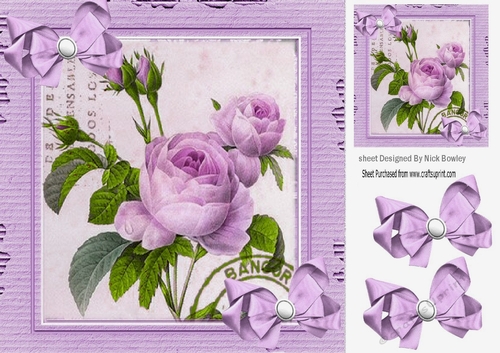 Pretty vintage lilac rose with bows in cardboard effect 8x8 frame