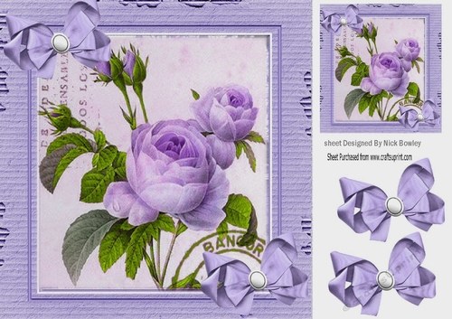 Pretty vintage purple rose with bows in cardboard effect 8x8 frame
