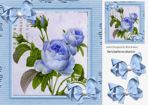 Pretty vintage blue rose with bows in cardboard effect 8x8 frame