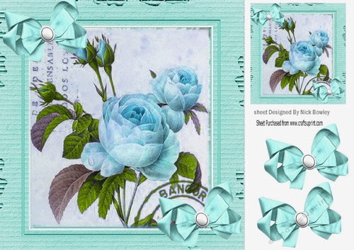 Pretty vintage turq rose with bows in cardboard effect 8x8 frame