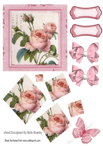  vintage pink rose with bows in cardboard effect twisted diamond pyramids