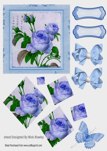  vintage blue rose with bows in cardboard effect twisted diamond pyramids 