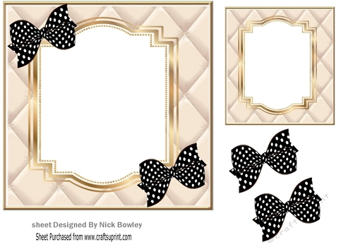 peach quilt effect with gold bracket frame with blk/poldot bows 7x7