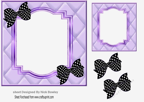 purple quilt effect with bracket frame with blk/poldot bows 7x7