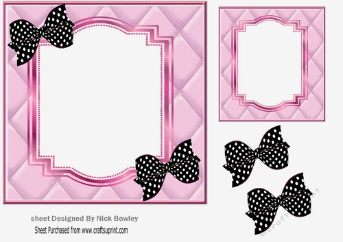 pink quilt effect with bracket frame with blk/poldot bows 7x7