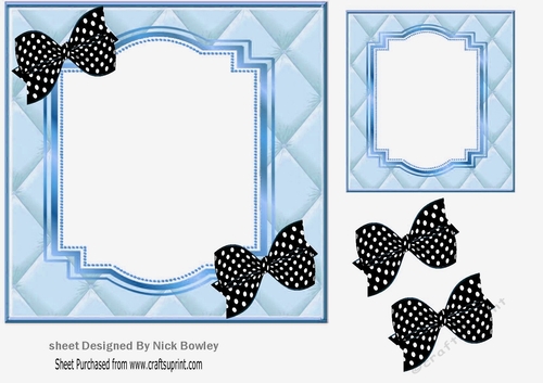 blue quilt effect with bracket frame with blk/poldot bows 7x7