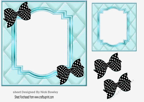 turq quilt effect with bracket frame with blk/poldot bows 7x7