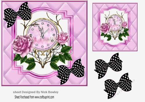 Lovely Lilac roses with ornate clock in quilt  with blk polka dot bows 7x7