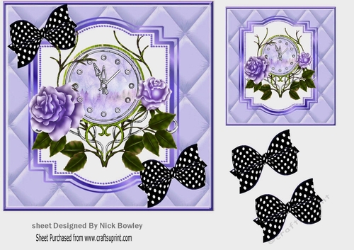 Lovely purple roses with ornate clock in quilt  with blk polka dot bows 7x7
