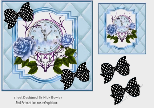 Lovely blue roses with ornate clock in quilt  with blk polka dot bows 7x7