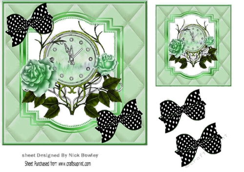 Lovely green roses with ornate clock in quilt  with blk polka dot bows 7x7