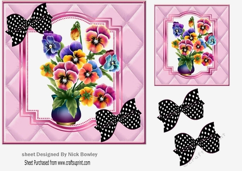 pretty coloured pansies in a vase, quilt 7x7 frame dotty bows