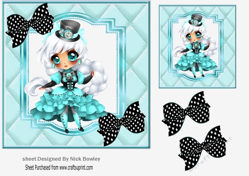 Steam girl Belle in turq quilt frame with Blk/bows 7x7