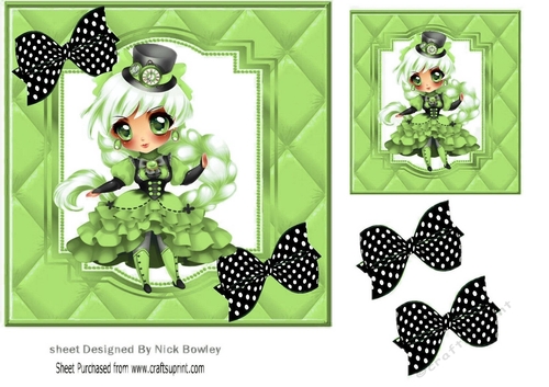 Steam girl Belle in green quilt frame with Blk/bows 7x7