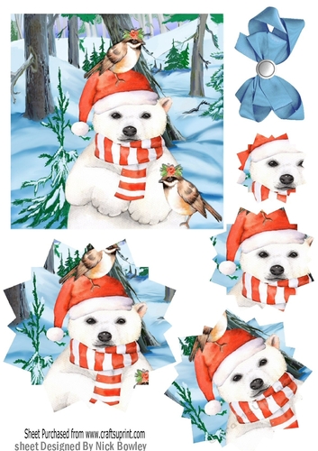 Lovely polar bear with robins in the snow, with snowflake pyramids