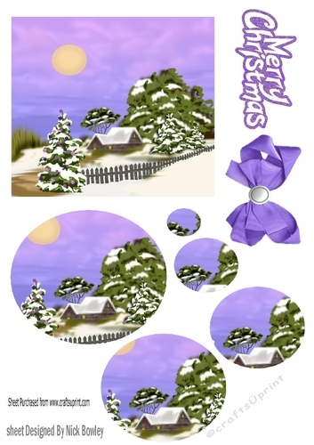 Pretty snow scene in lilac with cottage oval pyramids