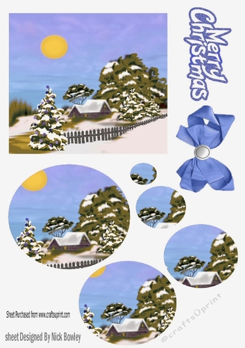 Pretty snow scene in blue with cottage oval pyramids