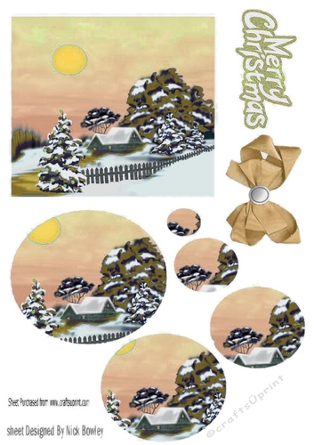 Pretty snow scene in gold with cottage oval pyramids