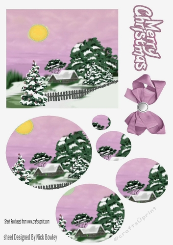 Pretty snow scene in pink with cottage oval pyramids