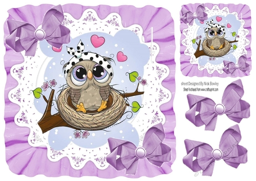Cute owl  sitting in a nest in frill frame with purple bows 7x7