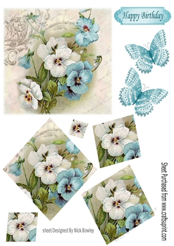 Pretty blue and white pansies with butterflies twisted pyramids 