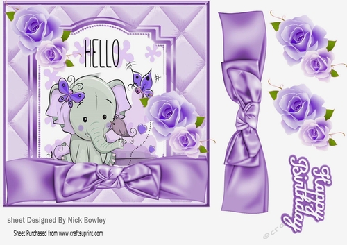 Cute ele with little bird and purple bow 7x7