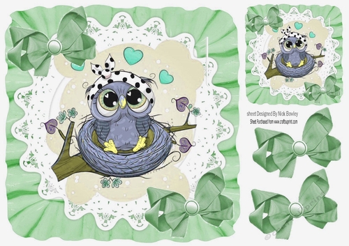 Cute owl  sitting in a nest in frill frame with green bows 7x7
