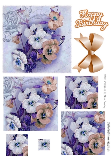 Pretty peach and lilac pansies with bow square pyramids
