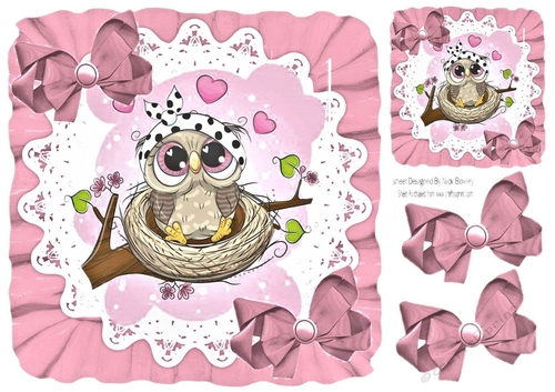 Cute owl  sitting in a nest in frill frame with pink bows 7x7