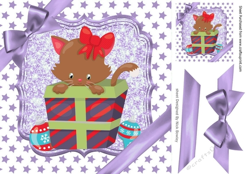 Cute kitten in christmas gift with bow and purple stars 8x8