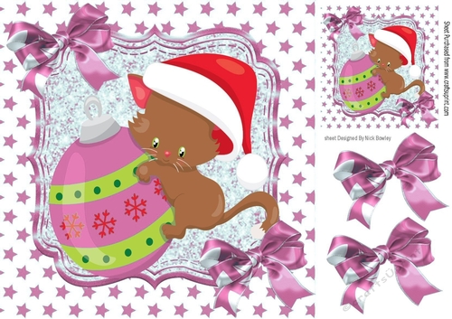 Cute kitten with bauble with pink bow and pink stars 8x8